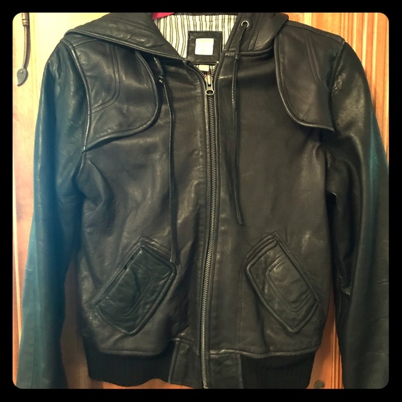 Aqua Jackets & Blazers - Bloomingdales hooded 100% leather jacket Medium